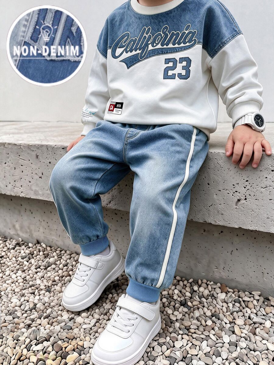 2pcs Young Boy 4-7Y Streetwear California Letter Number Faux Denim Print Colorblock Crew Neck Drop Shoulder Long Sleeve Unlined Sweatshirt Joggers Set - Blue - View 1