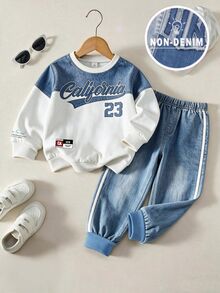 2pcs Young Boy 4-7Y Streetwear California Letter Number Faux Denim Print Colorblock Crew Neck Drop Shoulder Long Sleeve Unlined Sweatshirt Joggers Set - Blue - View 2