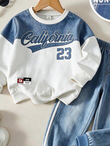2pcs Young Boy 4-7Y Streetwear California Letter Number Faux Denim Print Colorblock Crew Neck Drop Shoulder Long Sleeve Unlined Sweatshirt Joggers Set - Blue - View 6