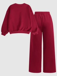 SHEIN 少女長袖蝴蝶結圖案圓領運動衫套裝 - 棕色 - 查看 2