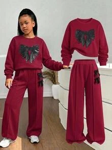 SHEIN 少女長袖蝴蝶結圖案圓領運動衫套裝 - 棕色 - 查看 6