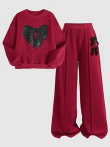 SHEIN 少女長袖蝴蝶結圖案圓領運動衫套裝 - 棕色 - 查看 5