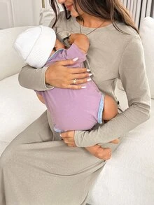 Slowluna 孕婦純色圓領長袖休閒哺乳洋裝 - 灰色 - 查看 4