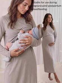 Slowluna 孕婦純色圓領長袖休閒哺乳洋裝 - 灰色 - 查看 3
