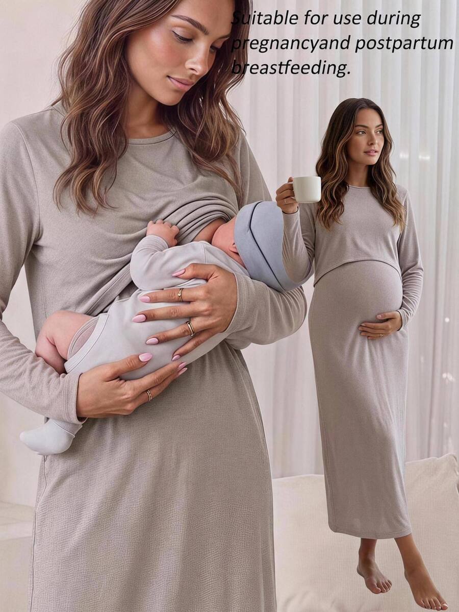 Slowluna Maternity Solid Color Round Neck Long Sleeve Casual Nursing Dress - Grey - View 1