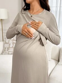 Slowluna 孕婦純色圓領長袖休閒哺乳洋裝 - 灰色 - 查看 2