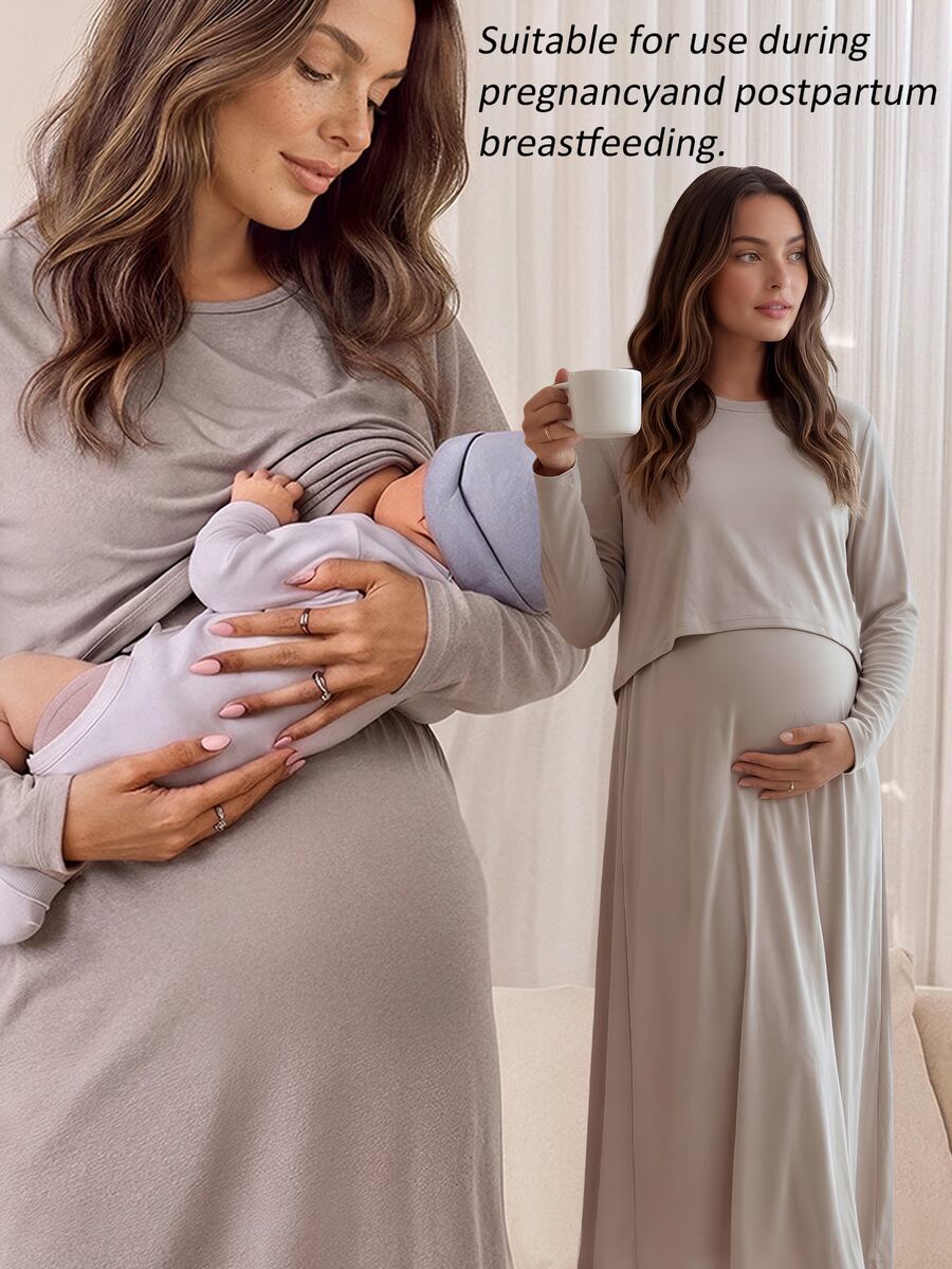 Slowluna 孕婦純色圓領長袖休閒哺乳洋裝 - 灰色 - 查看 1