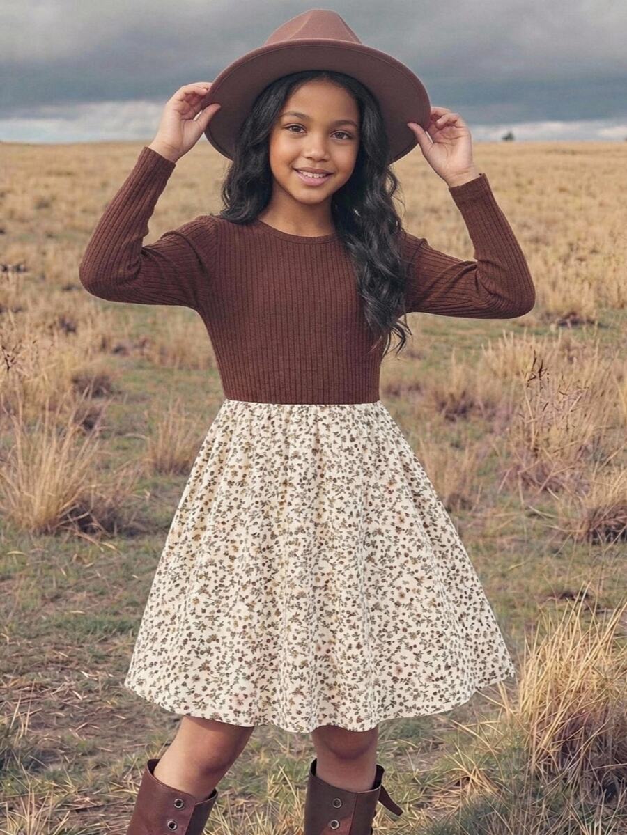 兒童青少年女孩優雅圓領拼接花卉長袖洋裝,秋冬洋裝,秋季服飾,秋季穿搭,秋季風格,聖誕節/萬聖節 - 咖啡 - 查看 1