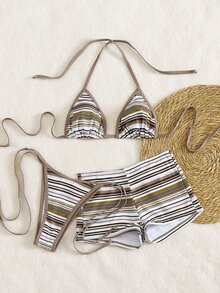 Costavie 3pcs Women's Halter Striped Tie-Front Tankini Swimwear Set With Boyshort Bottoms, Beach Vacation Bikini, Spring/Summer - Multicolor - View 4