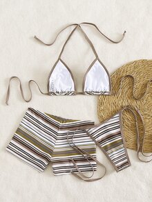 Costavie 3pcs Women's Halter Striped Tie-Front Tankini Swimwear Set With Boyshort Bottoms, Beach Vacation Bikini, Spring/Summer - Multicolor - View 2