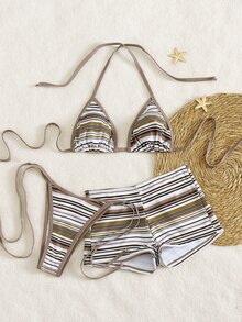 Costavie 3pcs Women's Halter Striped Tie-Front Tankini Swimwear Set With Boyshort Bottoms, Beach Vacation Bikini, Spring/Summer - Multicolor - View 5