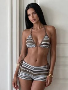 Costavie 3pcs Women's Halter Striped Tie-Front Tankini Swimwear Set With Boyshort Bottoms, Beach Vacation Bikini, Spring/Summer - Multicolor - View 1