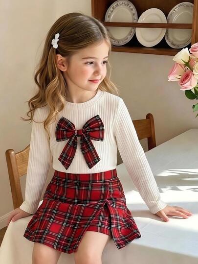 Elladie kids Young Girl Red Plaid Skort 2 Pieces Set White Round Neck Long Sleeve Top With 3D Bow Accent Asymmetrical Split Skort Daily,Halloween/Christmas