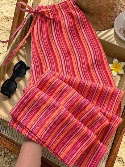 Veykashi Pantalones de pierna recta con lazo en la cintura para mujer talla grande, rayas de colores, ropa de calle, adecuado para el desplazamiento diario, citas, fiestas, otoño/invierno, verano, bodas, playa, ceremonia de graduación, elegante, casual, salidas, Y2K, , rayas multicolor, ropa de verano, estilo callejero