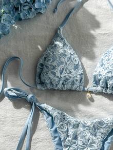 Costavie Basics 2pcs Spring Summer Beach Party Vacation Sequin Textured Fabric Pearl Decor Halter Triangle Bikini Top And Side Tie Bikini Set Blue Floral - Baby Blue - View 4