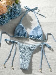 Costavie Basics 2pcs Spring Summer Beach Party Vacation Sequin Textured Fabric Pearl Decor Halter Triangle Bikini Top And Side Tie Bikini Set Blue Floral - Baby Blue - View 2