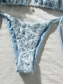 Costavie Basics 2pcs Spring Summer Beach Party Vacation Sequin Textured Fabric Pearl Decor Halter Triangle Bikini Top And Side Tie Bikini Set Blue Floral - Baby Blue - View 5