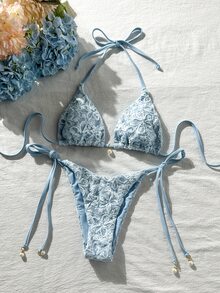 Costavie Basics 2pcs Spring Summer Beach Party Vacation Sequin Textured Fabric Pearl Decor Halter Triangle Bikini Top And Side Tie Bikini Set Blue Floral - Baby Blue - View 7
