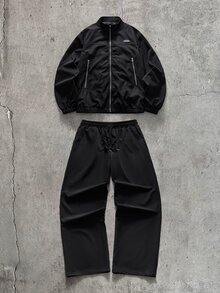 AXEPEAK Men's Letter Print Long Sleeve Zip-Up Jacket And Pants Casual Set ,Autumn,Streetwear,Holiday Tracksuit Set Jogging Suits - Black - View 2