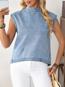 LUMIGAL Women's Stand Collar Casual Versatile Daily Wear Denim Top - Blue - View 12