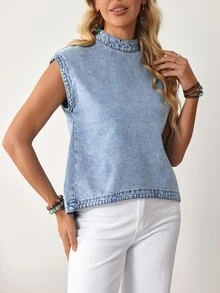 LUMIGAL Women's Stand Collar Casual Versatile Daily Wear Denim Top - Blue - View 5