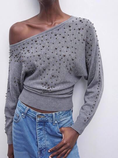 Maija Maglione da donna a maniche lunghe con spalle asimmetriche e maniche a pipistrello, decorato con perline, colore grigio, abbigliamento elegante per uscire e per il lavoro, vestiti autunnali