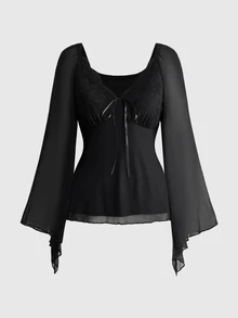 ROMWE Fairycore Atasan Wanita Ukuran Besar Motif Hutan Gelap Romantis Lengan Lonceng Renda dengan Ikat Pinggang - Hitam - View 4