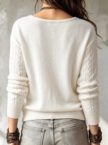 Breezaya Women's Solid Color V-Neck Casual Everyday Long Sleeve Sweater - Apricot - View 2