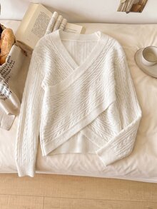 Breezaya Women's Solid Color V-Neck Casual Everyday Long Sleeve Sweater - Apricot - View 3
