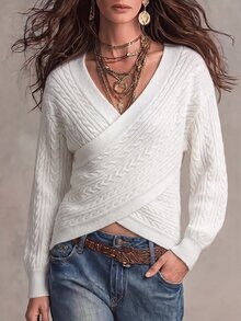 Breezaya Women's Solid Color V-Neck Casual Everyday Long Sleeve Sweater - Apricot - View 5