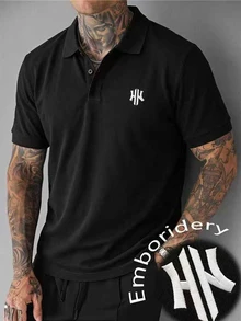 Manfinity Homme Men's Letter Print Short Sleeve Casual Commute Polo Shirt, Formal, Old Money - Black - View 1