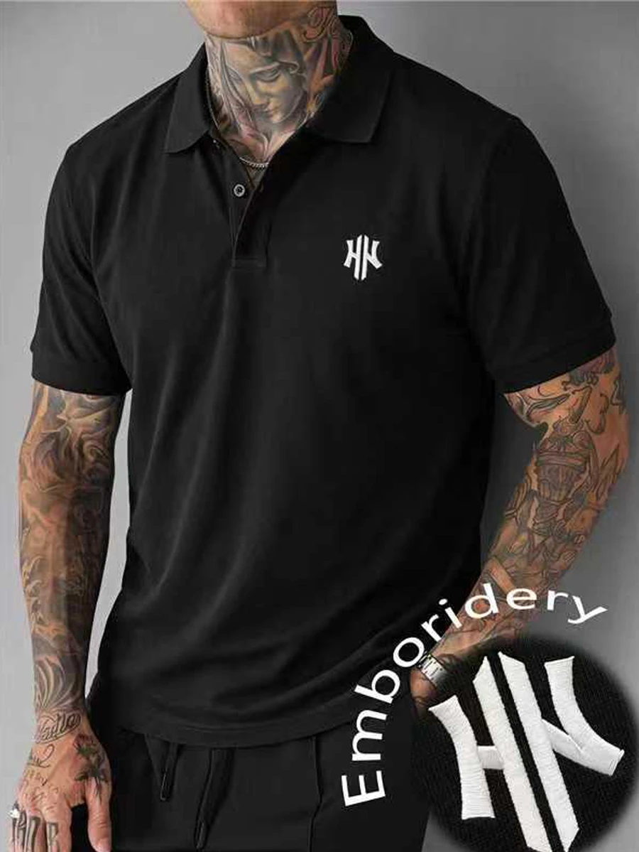 Manfinity Homme Men's Letter Print Short Sleeve Casual Commute Polo Shirt, Formal, Old Money - Black - View 1