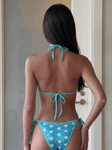 Costavie 2-Piece Swimwear, Blue And White Base Heart Sequin Textured Halter Triangle Top And Side Tie Bottoms Bikini Set For Women, Spring/Summer Beach Sexy - Blue - View 4