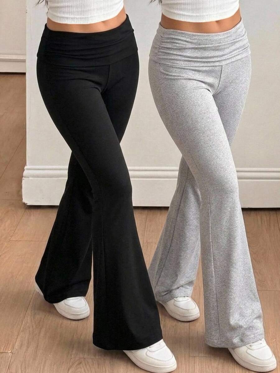 SHEIN Kids Tween Girls Pants Black & Gray Set, Elastic Waist Flare Pants, Buy 1pcs Get 1 Free - Multicolor - View 1