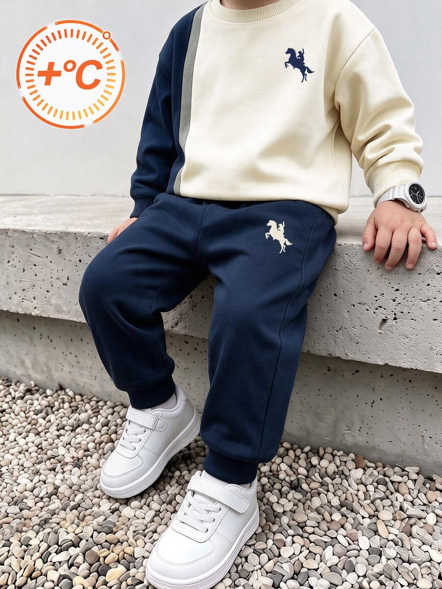2件裝 4-7歲小男孩校園風馬匹圖案印花拼色圓領落肩長袖上衣 - 彩色 - 查看 1