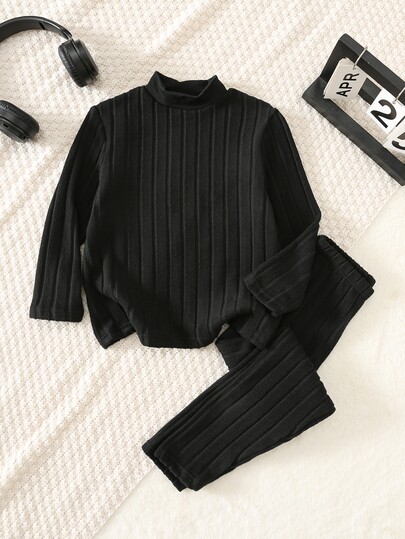 SHEIN Kids 2 Pieces Tween Boy Young Boy Casual Color Warm Collar Long Sleeve Shirt And Long Pants Underwear Set Suit Birthday