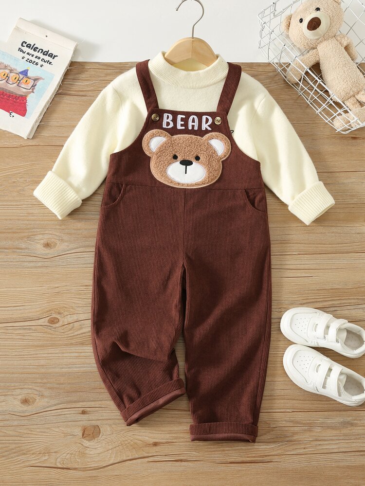 SHEIN Kids Young Boy Baby Boy Corduroy Cute Cartoon Bear Pattern Overall Jumpsuit, Versatile And Comfortable, Suitable For Spring, Autumn And Winter - Brown - View 4