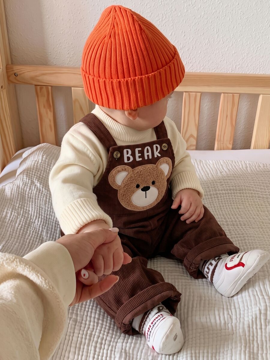 SHEIN Kids Young Boy Baby Boy Corduroy Cute Cartoon Bear Pattern Overall Jumpsuit, Versatile And Comfortable, Suitable For Spring, Autumn And Winter