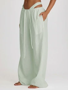 Musera Resort Drawstring Wide Leg Linen Trousers Cover Up Swim Vacation Holiday Summer Travel Beachwear Basics Hen Do Bridal Bachelorette Solid Colour Resort Core - Mint Green - View 4