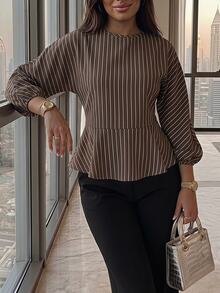 Firerie 女款新款極簡優雅浪漫休閒都市通勤時尚百搭咖啡棕條紋圓領蝙蝠袖長袖收腰繫帶X型修身襯衫，教師穿搭，秋季穿著 - 彩色 - 查看 4