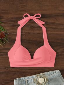 Voyashape Atasan Baju Renang Wanita Warna Polos Model Halter Neck untuk Liburan Musim Panas di Pantai - Berwarna merah muda - View 4