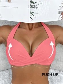 Voyashape Atasan Baju Renang Wanita Warna Polos Model Halter Neck untuk Liburan Musim Panas di Pantai - Berwarna merah muda - View 2