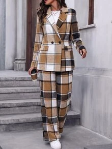 SHEIN 秋冬女款格紋棉質兩件套西裝，缺口領雙排扣西裝外套與高腰寬腿長褲，優雅格紋辦公穿搭 - 彩色 - 查看 7