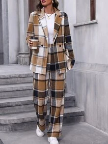 SHEIN 秋冬女款格紋棉質兩件套西裝，缺口領雙排扣西裝外套與高腰寬腿長褲，優雅格紋辦公穿搭 - 彩色 - 查看 6