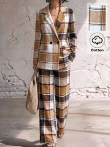 SHEIN 秋冬女款格紋棉質兩件套西裝，缺口領雙排扣西裝外套與高腰寬腿長褲，優雅格紋辦公穿搭 - 彩色 - 查看 4