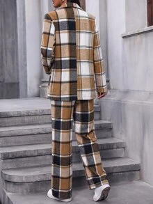 SHEIN 秋冬女款格紋棉質兩件套西裝，缺口領雙排扣西裝外套與高腰寬腿長褲，優雅格紋辦公穿搭 - 彩色 - 查看 2