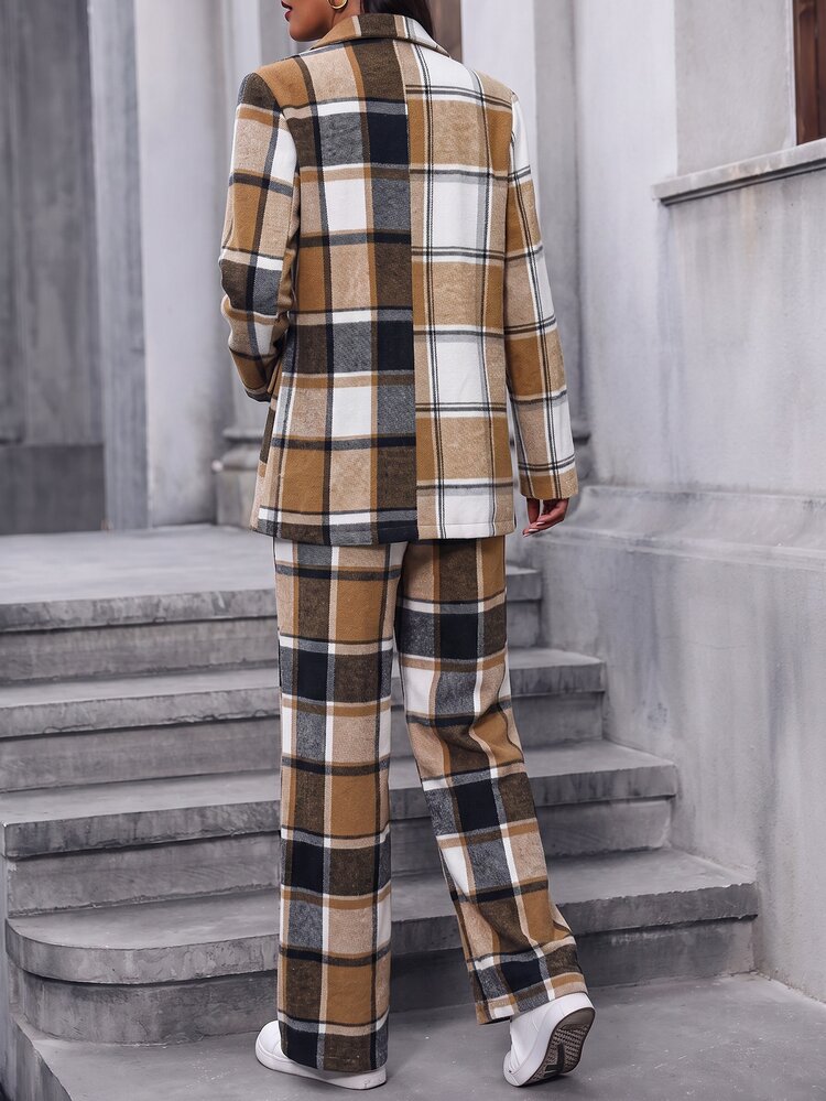 SHEIN Fall Winter Women Plaid Cotton 2 Piece Suit, Notched Lapel Double Breasted Blazer & High Waist Wide Leg Pants, Elegant Check Outfit For Office Wear - Multicolor - View 2
