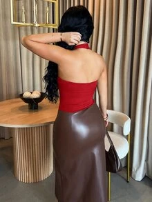 Dayanna Comas 性感纯色低胸露背吊带上衣，夏季 - 紅色 - 查看 2