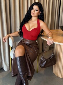 Dayanna Comas 性感纯色低胸露背吊带上衣，夏季 - 紅色 - 查看 6