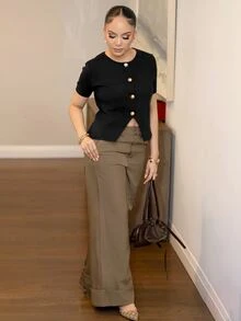 Melissa Matos 女式休闲纯色修身短袖纽扣开衫 - 黑色 - 查看 6